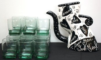 Set Of 9 Modern Rock Glasses With A Green Tint And Inspirational Kettle Art By With Love By Joanne Delomba
