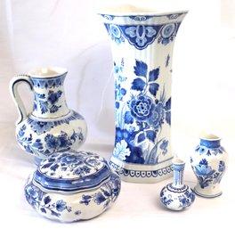 Lot Of 5 Vintage Delft Holland Porcelain Pieces Hand Painted In Traditional Blue And White