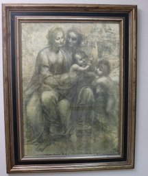 Vintage Framed Print Portraying Da Vinci Virgin And Child With Saint Anne In Monochromatic Tones.