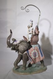 Large Lladro Porcelain Sculpture And Umbrella  Of Indian Princess Riding Elephant 12 X 19 Inches