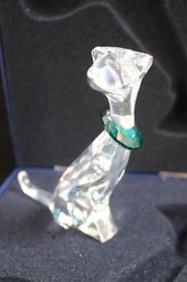 Swarovski Silver Crystal Cat Figurine With Green Collar With Original Padded Case