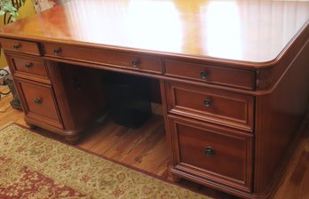 Vintage Executive Desk With Parquet Top. Bun Feet And 7 Drawers.