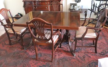 Ca. 1950s Mahogany Duncan Phyfe Style Double Pedestal Dining Table With 4 Shield Back Armchairs.