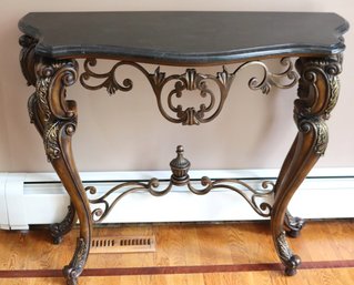 Neoclassical Style Iron Scroll Carved Wood Hallway Console Table With A Marble Veneer Top