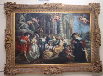 Glorious Oversized Signed And Framed O/C, Painting Of 18 Th C Style Courting Scene With Cherubs, In Elaborate