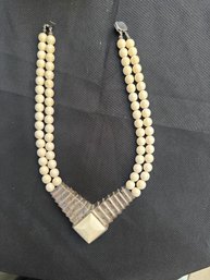 Sterling And Bone Beaded Necklace Approx. 16 Inches Long, Pendant Is 3 W X 2.75 Inches Long.