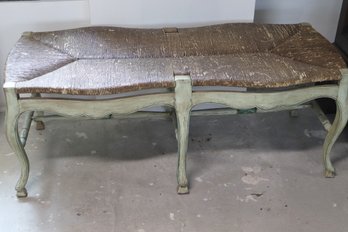 Country French Sage Green Painted Wooden Bench With Thatched Seat