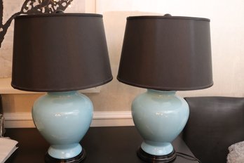 Pair Of Modern Aqua Toned Vase Style Table Lamps With Rich Black Shades