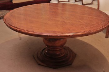 Italian Provincial Round Dining Table, With Octagonal Shaped Base And Parquetry Herringbone Top.