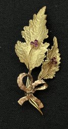 18K Rose/Yellow Gold Elegant Leaf And Bow Design Brooch With Ruby Accent Stones