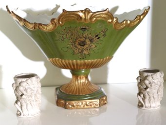 Italian Made Centerpiece Basket And Greek Style Relief Vases