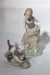 Lladro Porcelain Figurines Includes Lady With Cat And Kitten With Frog