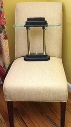 Art Deco Style MCM Brass And Glass, Halogen Bankers Lamp, And Tweed Upholstered Accent Chair.