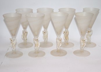 Set Of 11 Superb Italian Murano Wine Glasses With Seahorse Stems & Swirls