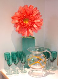 18 Stylish Green Glass Champagne Flutes, Modern Blown Glass Water Pitcher With Green Dot/swirl Design & Bl
