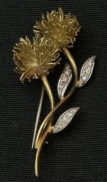 18K YG Diamond Accented Flower Design Brooch Pin