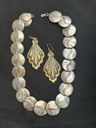 Vintage Sterling Silver Necklace With Clasp And Pair Of Long Sterling Earrings