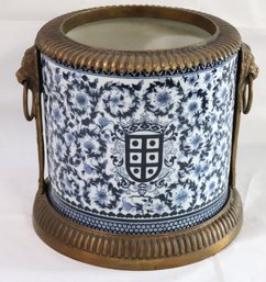Beautiful Blue And White Ceramic Planter With Brass Mounts And Heraldic Crest