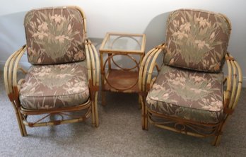 Pair Of Mid-Century Bamboo/ Rattan Lounge Chairs With Cushions And Side Table.