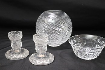 Waterford Vase, Rose Bowl & A Small Pair Of Glass Candlesticks