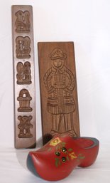 Red Painted Wooden Clog, And 2 Carved Gingerbread Boards.