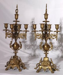 Pair Of Antique Looking Brass 5 Arm Candelabra With Finials.