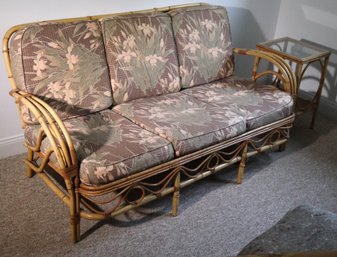 Mid Century Bamboo / Rattan Sofa With Cushions & Side Table.