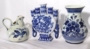 Delft Pitcher And Vase And Chinese Blue & White Tulip Vase.