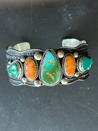 Ladies Southwestern Sterling Bracelet With Coral Or Jasper Stones And Turquoise