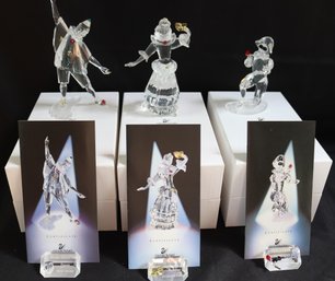 Swarovski Silver Crystal Masquerade 1999-2001 Collectors Set Harlequin, Columbine, And Pierrot W Nameplates