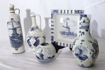 Lot Of Vintage Delft Pieces With Pitcher, 2 Decanters, And More