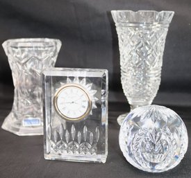 Waterford Crystal Desk Clock, Times Square 2001 Crystal Ornament, Scalloped Edge Vase & Glass Votive Candl