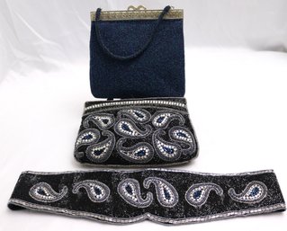 Two Vintage Beaded Bags And One Beaded Belt With Paisley Design.