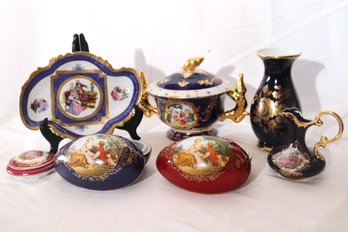 Large Lot Of Fancy Style European Porcelain Decorative Boxes, Vase And More