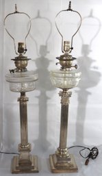 Two English Sheffield Corinthian Column Lamps From Decorator John Saladino With Different Glass Elements