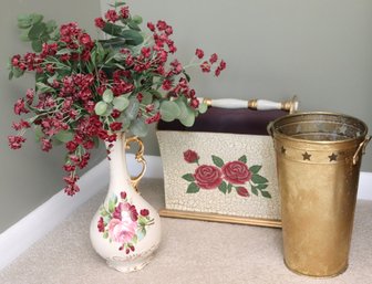 A Lot Of Decorative Items Includes Adorable Painted Magazine Holder, Metal Bucket, And Ceramic Vase.