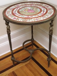 Painted Porcelain And Bronze Mounted Gueridon Side Table, With Romantic 19 Th Century Limoges Inspired Scenes.