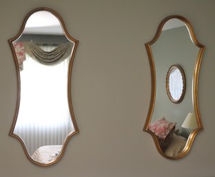 Pair Of 1970s Era, Shield Shaped Gold Framed Mirrors, 48 Inches Tall.