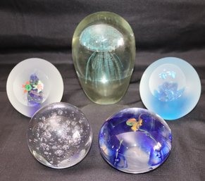 Collection Of 5 Blown Glass Paperweights Including A Piece With Jellyfish Accent By Ds