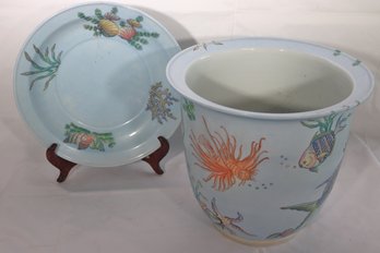 Large Unique Ceramic Jardiniere, Planter With Aquatic Motif Of Hand Painted Fish And Coral