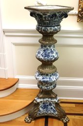 Gorgeous Tall Blue And White Antique Style Bronze Mounted Pedestal With Corinthian Top And Claw Feet.