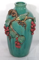 Green Glazed Ceramic Vase With Bird And Grapevine