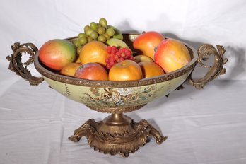 Beautiful Oversized Bronze Mounted Hand Painted Centerpiece Bowl With Many Faux Fruits.