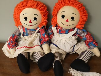 Two Vintage Raggedy Anne Dolls With Age Related Stains