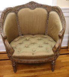 Venetian Style Curved Wood Armchair With Silk Upholstery.