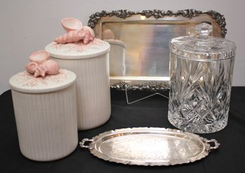 Block Crystal Ice Jar, Decorative Canisters With Seashell Accents By Fitz And Floyd Includes Serving Pieces
