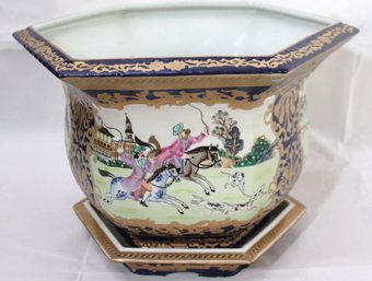 Beautiful Hand Painted Hexagonal Planter With Tray On The Bottom With Hunting Scene