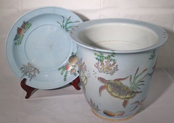 Large Unique Ceramic Jardiniere Planter With Aquatic Motif Of Hand Painted Fish And Coral