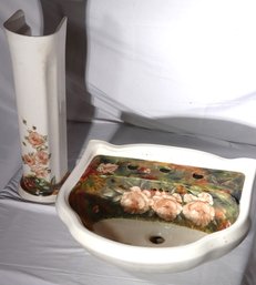 A Ceramic Pedestal Sink By Vitra, With Hand Painted Roses On Interior And Base.