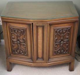 Pair Of Vintage Romweber Carved Wood Nightstands With Protective Glass Tops.